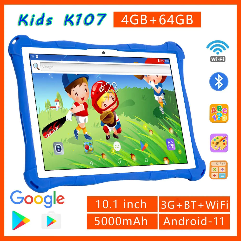 BDF-Tablette Android 11 pour enfants, 10.1 pouces, 4 Go de RAM, 64 Go de ROM, emplacement pour carte graphique 3G, logiciel intégré pour enfants, WiFi, Bluetooth